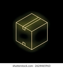 Yellow glowing neon box representing shipping and delivery on a dark background