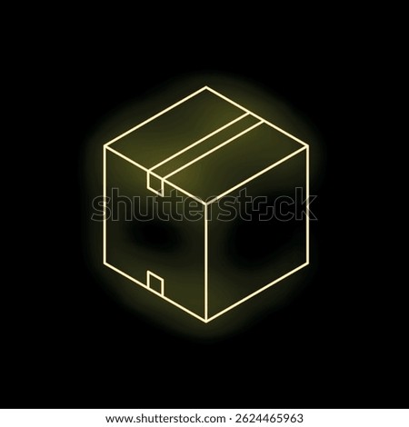 Yellow glowing neon box representing shipping and delivery on a dark background
