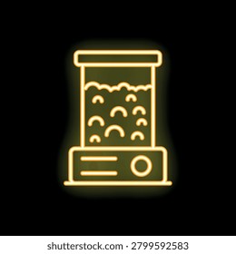 Yellow glowing neon icon of claw crane game machine full of toys on black background