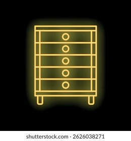 Yellow glowing neon icon depicting a wooden cabinet with drawers, perfect for designs related to furniture and interior design