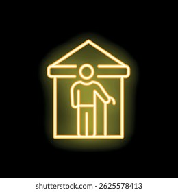 Yellow glowing neon icon of an elderly man using a walking stick, standing inside his house