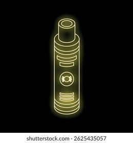 Yellow glowing neon icon of an electronic cigarette with space for text on a black background