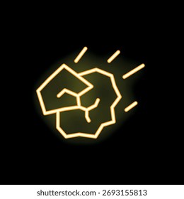 Ícone de néon amarelo brilhante de rochas explosivas desmoronando sob pressão sobre fundo preto