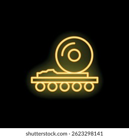 Ícone de néon amarelo brilhante de uma plataforma de transporte pesada carregando um grande objeto de metal