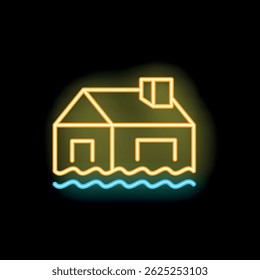 Yellow glowing neon icon of a house flooded by rising water, on a black background