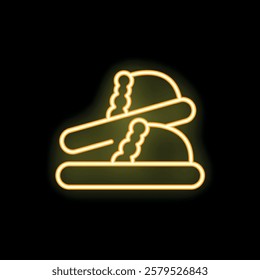 Yellow glowing neon icon of a military beret with chin strap, glowing on a black background