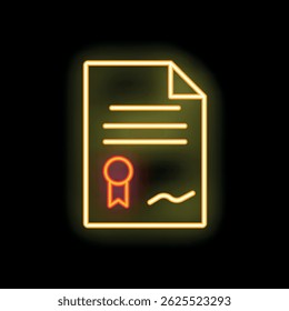 Yellow glowing neon icon representing an official document with signature and stamp, isolated on a dark background