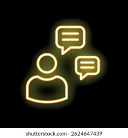 Yellow glowing neon icon of a stylized person with two speech bubbles, evoking communication and thinking