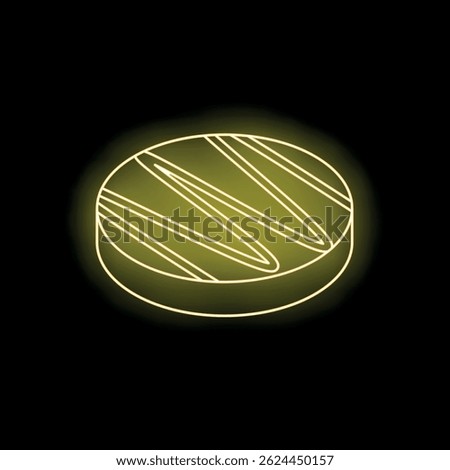 Yellow glowing neon icon of a thick and juicy cooked burger patty with grill marks