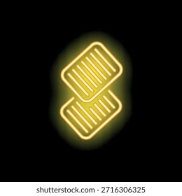Yellow glowing neon icon of two slices of toasted bread, isolated vector illustration on a black background