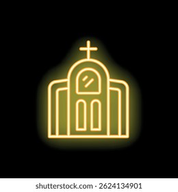 Yellow glowing neon line church building icon isolated on black background