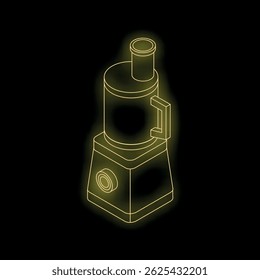 Yellow glowing neon line drawing of a blender on a black background, perfect for representing healthy eating or kitchen appliances