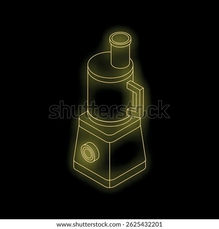 Yellow glowing neon line drawing of a blender on a black background, perfect for representing healthy eating or kitchen appliances