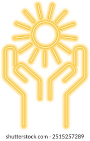 Yellow glowing neon line hands with the sun. Green energy, renewable solar energy concept. Ecology themed abstract illustration.