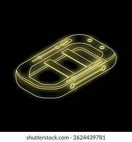 Yellow glowing neon line inflatable swimming boat icon on a black background
