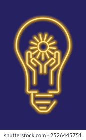 Yellow glowing neon line light bulb with hands and sun. Green energy, renewable solar energy concept. Ecology themed abstract illustration.