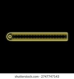 Yellow glowing neon line ruler icon isolated on black background