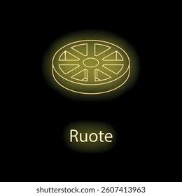 Yellow glowing neon line wheel of dharma icon isolated on black background. Abstract illustration