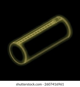 Yellow glowing neon sign depicting a pencil case on a black background