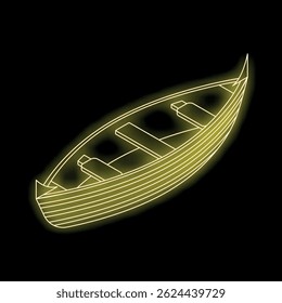 Yellow glowing neon sign depicting a wooden boat, isolated on a black background