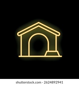Yellow glowing neon sign depicting a dog house with a bowl inside on a black background