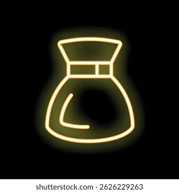 Yellow glowing neon sign depicting full tied money bag with its shadow on black background