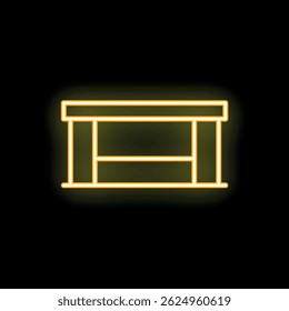 Yellow glowing neon sign representing a table with a shelf, evoking concepts of interior design and furniture