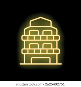 Yellow glowing neon sign representing modern multi storey building with balconies on black brick wall background