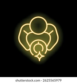 Yellow glowing neon sign representing a muscular person holding a clock with shining sparkles, conveying the concept of time management