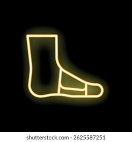 Yellow glowing neon sign representing a foot wearing a sock, on a black background