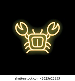 Yellow glowing neon sign representing a crab on a black background