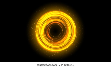 Concepto de portal amarillo brillante. Puerta de teletransportación del holograma del neón sobre fondo negro. Círculo de oro remolino aura con vigas y chispas. Plantilla de bengala caliente redonda para el juego, interfaz, interfaz. Ilustración vectorial