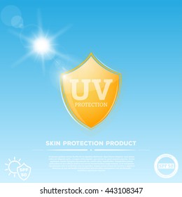 Yellow glowing shield with UV sun protection emblem. 