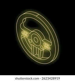 Yellow glowing steering wheel with buttons on black background, isometric view