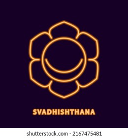 Yellow glowing svadhishthana chakra. Neon golden symbol of andhistana as liberation from all diseases and selfishness. Shatpatra of assimilation to vector brahman