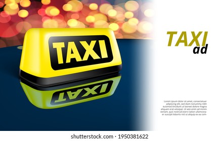 Yellow Glowing Taxi Automobile Sign On Night Car. EPS10 Vector
