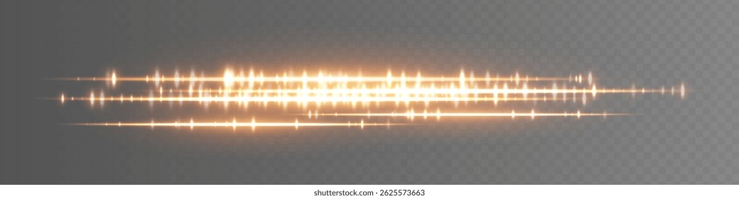 Yellow glowing waveform on transparent background with symmetrical audio lines and spark-like peaks. Great for sound effect design, media playback or music interface elements.