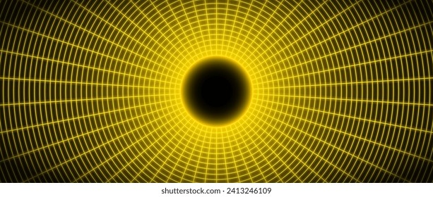 Yellow glowing wireframe tunnel. Neon gold wormhole in dark space. Grid tunnel in perspective. Funnel or portal illusion. Circular mesh structure tube. Vector optical illusion art