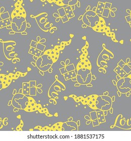 Yellow gnome with Love lettering seamless pattern. Vector background for wallpaper, wrapping, print, textiles to valentines day or wedding. Valentines day seamless pattern with cute gnomes and giftbox