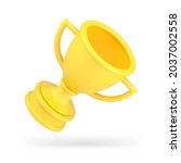 Yellow goblet trophy 3d icon. Realistic prize for successful champion. Cup with two handles on stand. Victory trophy for best competitor. Ceremony for main finalists of competition. Isolated vector