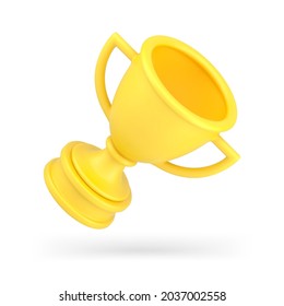 Yellow goblet trophy 3d icon. Realistic prize for successful champion. Cup with two handles on stand. Victory trophy for best competitor. Ceremony for main finalists of competition. Isolated vector