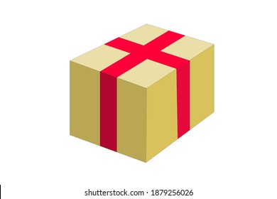 Yellow gold 3D gift box with decorative red pink ribbon and tied bow isolated. Simple gift icon present box with pink ribbon. Vector illustration. 