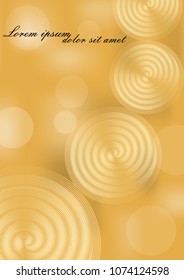 Yellow and gold abstract background with spiral elements and bokeh blurry lights. Background for luxury invitation, placard, flyer, leaflet, announcement