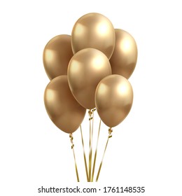 Yellow Gold Balloons. Vector Glossy Realistic Gold Glossy Baloon On Whine Background For Holiday Celebration.