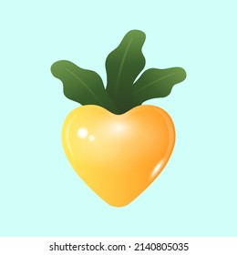 Yellow or gold colour cute heart shape carrot. Isolated on pastel green background. Ready to use for your business. Realistic 3d vector illustration.