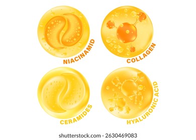 Yellow, gold cosmetic molecules icon set, niacinamid, ceramides, hyaluronic acid, collagen, vector cosmetology ingredient isolated elements. Beauty serum skin care hydro gel, moisture anti age cream