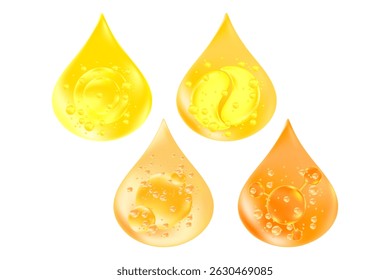 Amarelo, gota de óleo cosmético de ouro com conjunto de ícone de moléculas, ácido hialurônico, colágeno, vetor cosmetology ingrediente elementos isolados. Gota de soro de beleza, cuidados com a pele hydro gel, umidade anti creme de idade