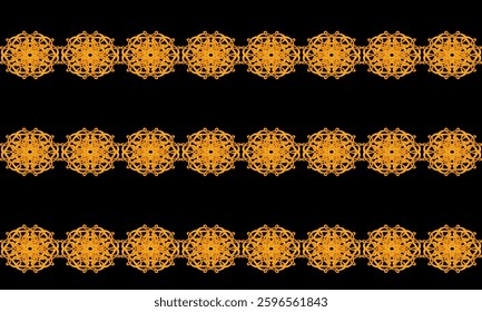 Yellow Gold drawing flower as repeat pattern on black background, vector, replete pattern image designed for fabric printing grid block, horizontal strip, gold chain