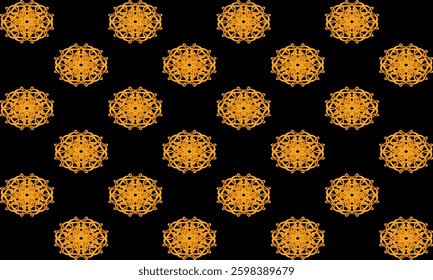 Yellow Gold drawing flower as repeat pattern on black background, vector, replete pattern image designed for fabric printing grid block