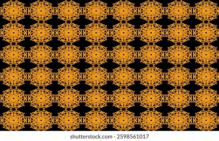 Yellow Gold drawing flower as repeat pattern on black background, vector, replete pattern image designed for fabric printing grid block